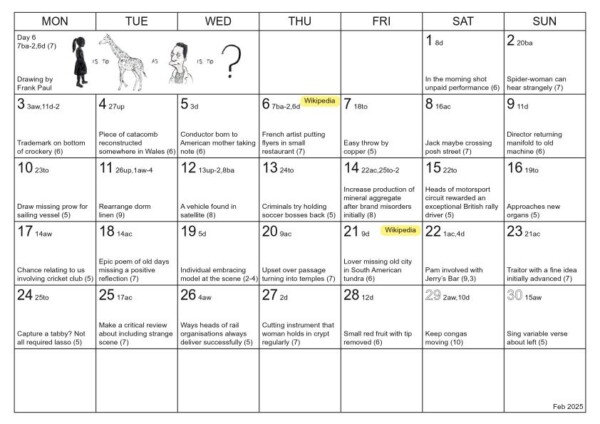 Sample clues page from the 2025 3D Crossword Calendar